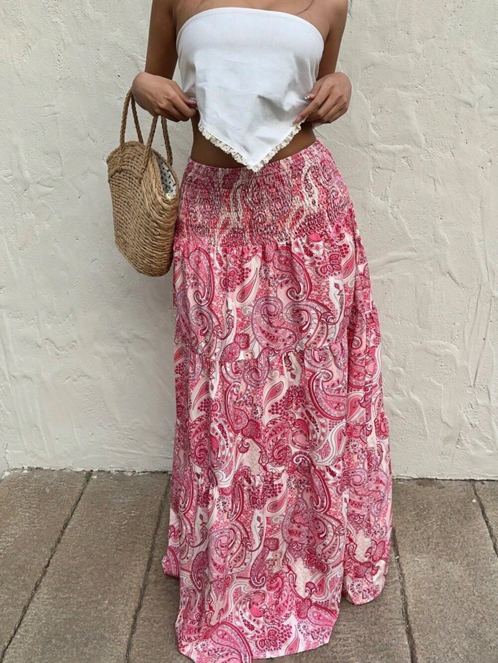Multicolor Boho Women's Printed Drawstring Waist Long Skirt